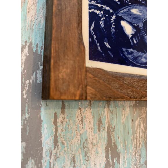 Vintage 5.5" Square Cobalt Tile in Wooden Frame Minstrel Portrait Blue White - Picture 4 of 7